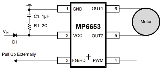 Application Circuit Diagram - Monolithic Power Systems (MPS) MP6653 Single-Phase BLDC Motor Drivers